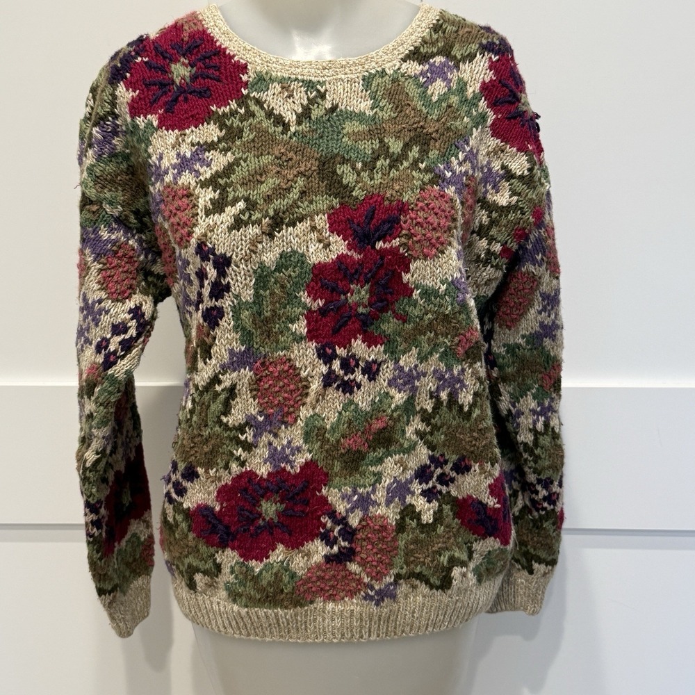 Talbots Floral Hand Knit‎ Sweater Small Cottagecore Grandmillennial Granny Chic